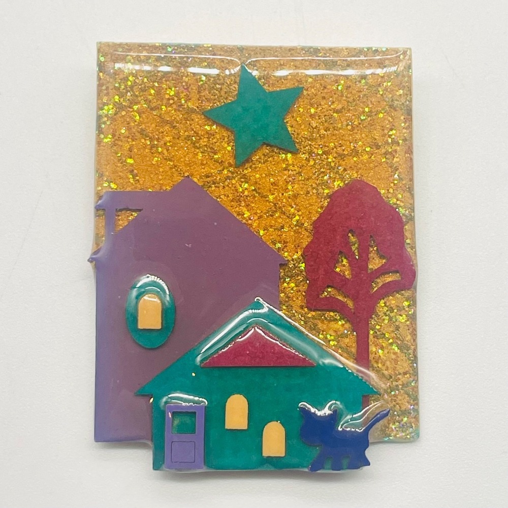 House Pins by Lucinda Brooch Resin Glitter Star Cat Tree Folk Art Pin 2.25x1.75"